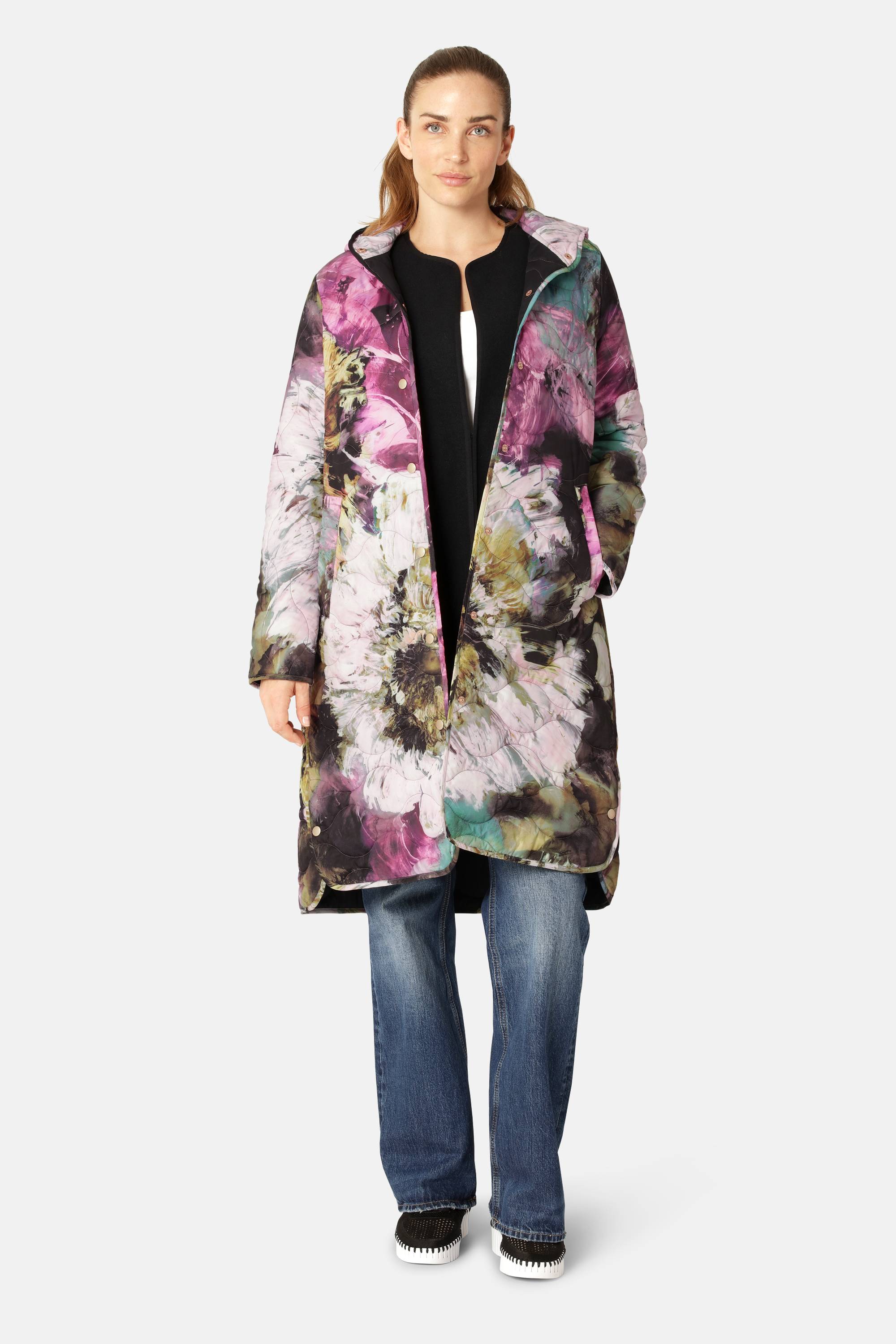 Lang Quiltet Frakke - Artistic Flower Print